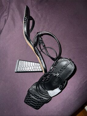 Black Faux-Snake Strappy Block Heels - Women's